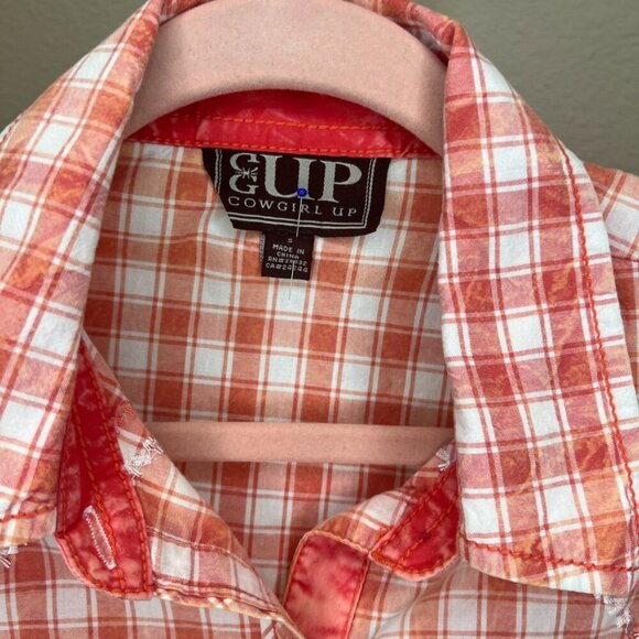 Cowgirl Up Distressed Bleached Plaid Snap Down Shirt Salmon size Small - Picture 5 of 7